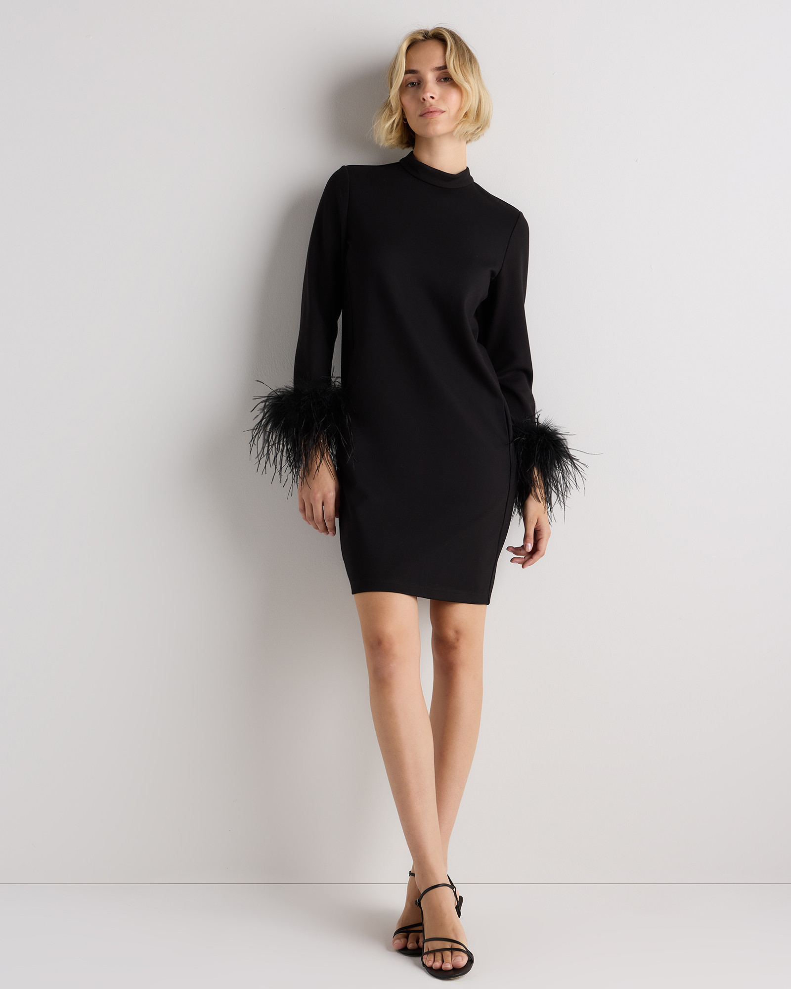 Quince | Women's Ultra-Stretch Ponte Feather Trim Mini Dress in Black, Size XL, Rayon | Quince