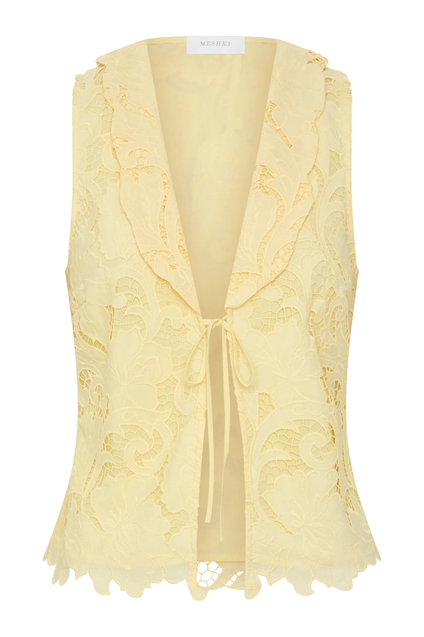 Tessa Broderie Tie Front Sleeveless Top - Lemon | Meshki UK