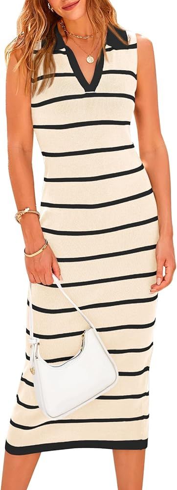PRETTYGARDEN Women's Summer Dresses 2024 Collar V Neck Sleeveless Midi Dress Causal Stripes Ribbe... | Amazon (US)