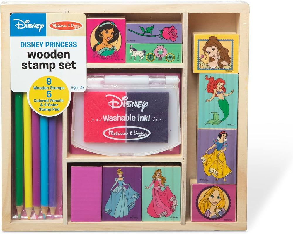 Melissa & Doug Disney Princess Wooden Stamp Set: 9 Stamps, 5 Colored Pencils, and 2-Color Stamp P... | Amazon (US)