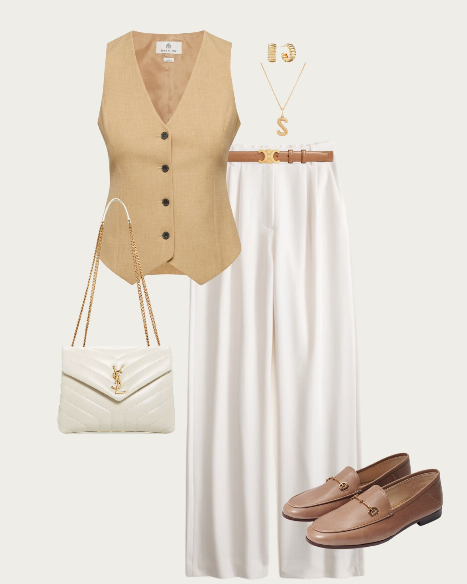 Chic summer fit! 

 An outfit that speaks volumes of your impeccable taste with this camel vest, paired elegantly with wide-leg trousers. The creamy palette is accented by tasteful gold jewelry and a sophisticated leather belt, defining a silhouette of modern sophistication. A quilted chain bag and loafers add the perfect finish. Tap into timeless grace and discover this look on my LTK! #TimelessElegance #ChicStyling #CamelTones #FashionistaFinds #ClassicCombos  #ClassicChic #EffortlessElegance #TailoredFashion #NeutralStyle #WardrobeEssentials