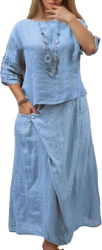 Linen Sets for Women 2 piece Loose Fit Skirt Sets Half Sleeve Top Casual Maxi Skirt with Pockets ... | Amazon (US)