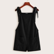 Summer Casual And Loose Black Knot Strap Pocket Patched Pinafore Short Romper | SHEIN
