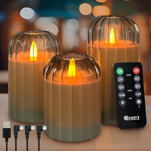 LEDHOLYT Rechargeable Flameless Candle, Flashing LED Pillar Real Wax Candle with Remote Control and Timer, Green Pumpkin Glass Electronic Candles for Room Decoration, 1 Set of 3 | Amazon (US)