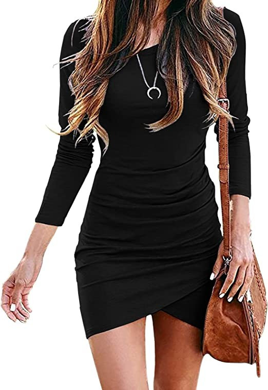 HiMONE Women Long Sleeve Elegant Ruched Bodycon Wrap Casual Irregular Hem Short Dress | Amazon (US)