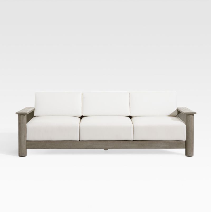 Ashore Grey Wash Mahogany Wood Outdoor Patio Sofa with White Cushions | Crate & Barrel | Crate & Barrel