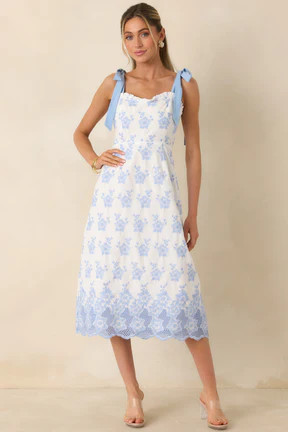 Made For Lovely Days Blue Embroidered Cotton Tie-Strap Midi Dress | Red Dress