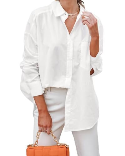 BONITEE Women Long Sleeve Button Down Shirts Fall 2025 Casual Loose V Neck Tops Business Work Loose Button Blouses Creamy-White,M | Amazon (US)