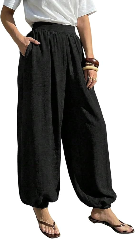 Verdusa Women's Balloon Pants with Pockets Elastic Waist Lantern Work Pant | Amazon (US)