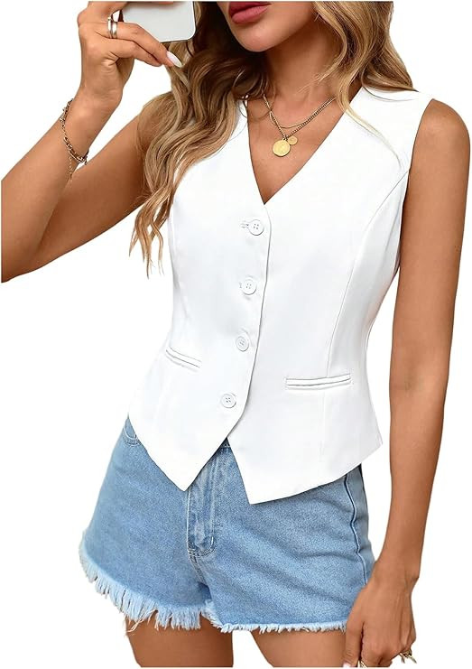 GORGLITTER Women's Vest Tops Dressy Casual V Neck Button Down Crop Tops Sleeveless Dressy Waistco... | Amazon (US)