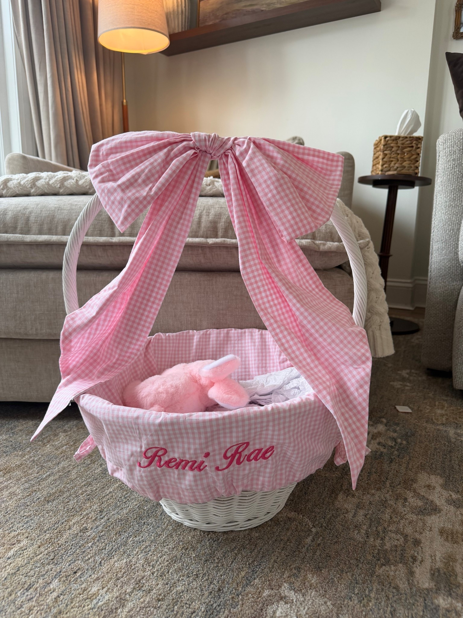 Remi’s 3rd year getting to use her beautiful Easter basket!!!! She has the large, pink gingham liner & bow, white Sabrina basket 