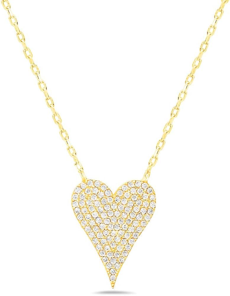 925 Sterling Silver Cubic Zirconia Pave Heart Charm Pendant Necklace - 18" Anchor Chain | Amazon (US)