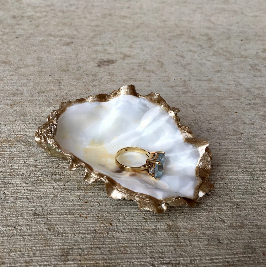 White and Gold Oyster Shell Ring Dish, Ring Holder, Ring Bowl - Etsy | Etsy (US)