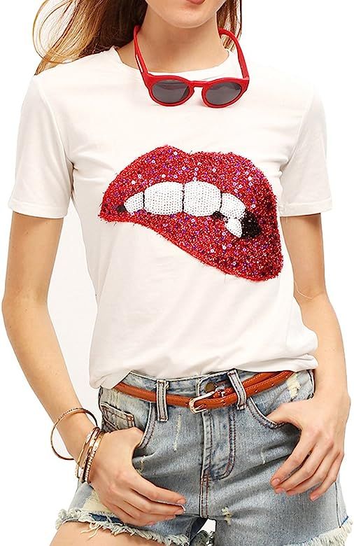 Women's Sequined Sparkely Glittery Lip Print T Shirt Cute Embroidery Teen Girls Tops | Amazon (US)