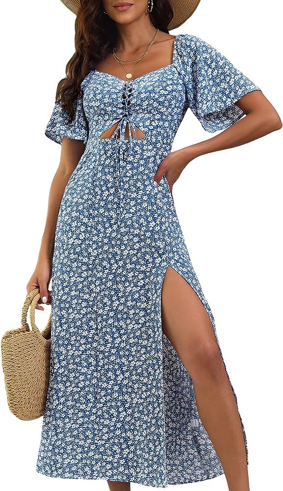 Womens Summer Floral Midi Dress,2024 Casual Boho Dresses Short Sleeve A-line Square Neck Tie Fron... | Amazon (US)