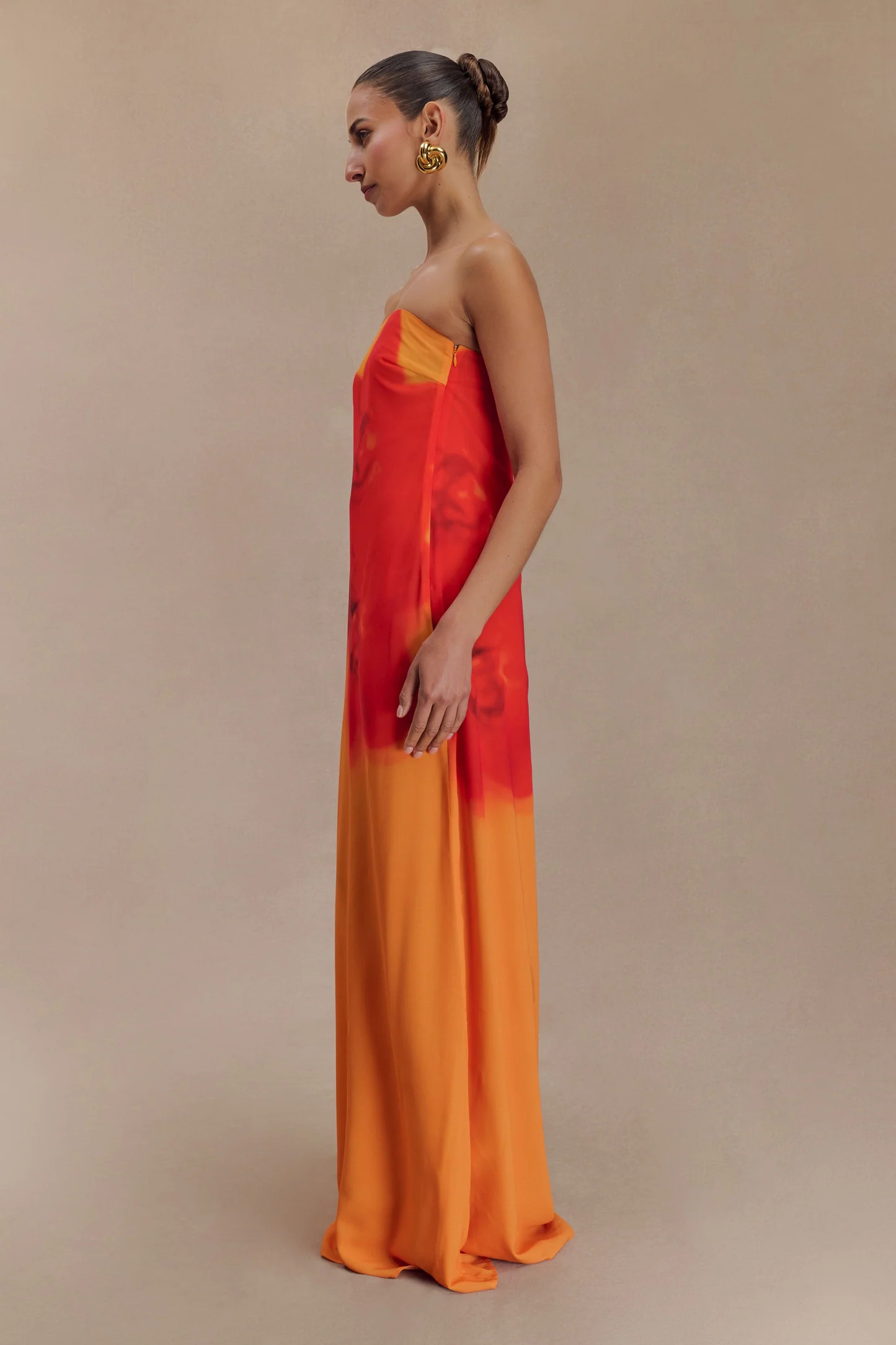 Amaya Strapless Chiffon Maxi Dress - Koi Orchid Print | MESHKI US