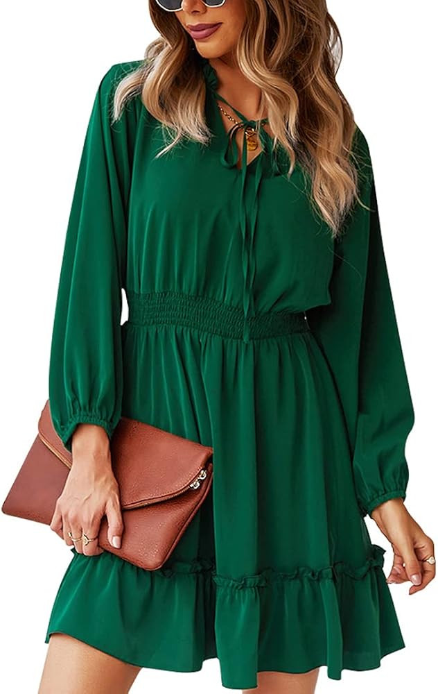 Women's Long Sleeve Ruffle Tunic Dress Short Chiffon Boho Fall Dresses Flowy Casual Loose Babydoll M | Amazon (US)