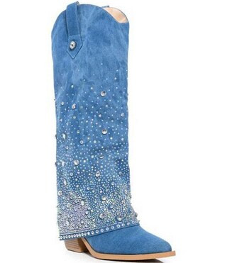 Azalea Wang Mellow Denim Rhinestone Fold Over Western Boots | Dillard's | Dillard's
