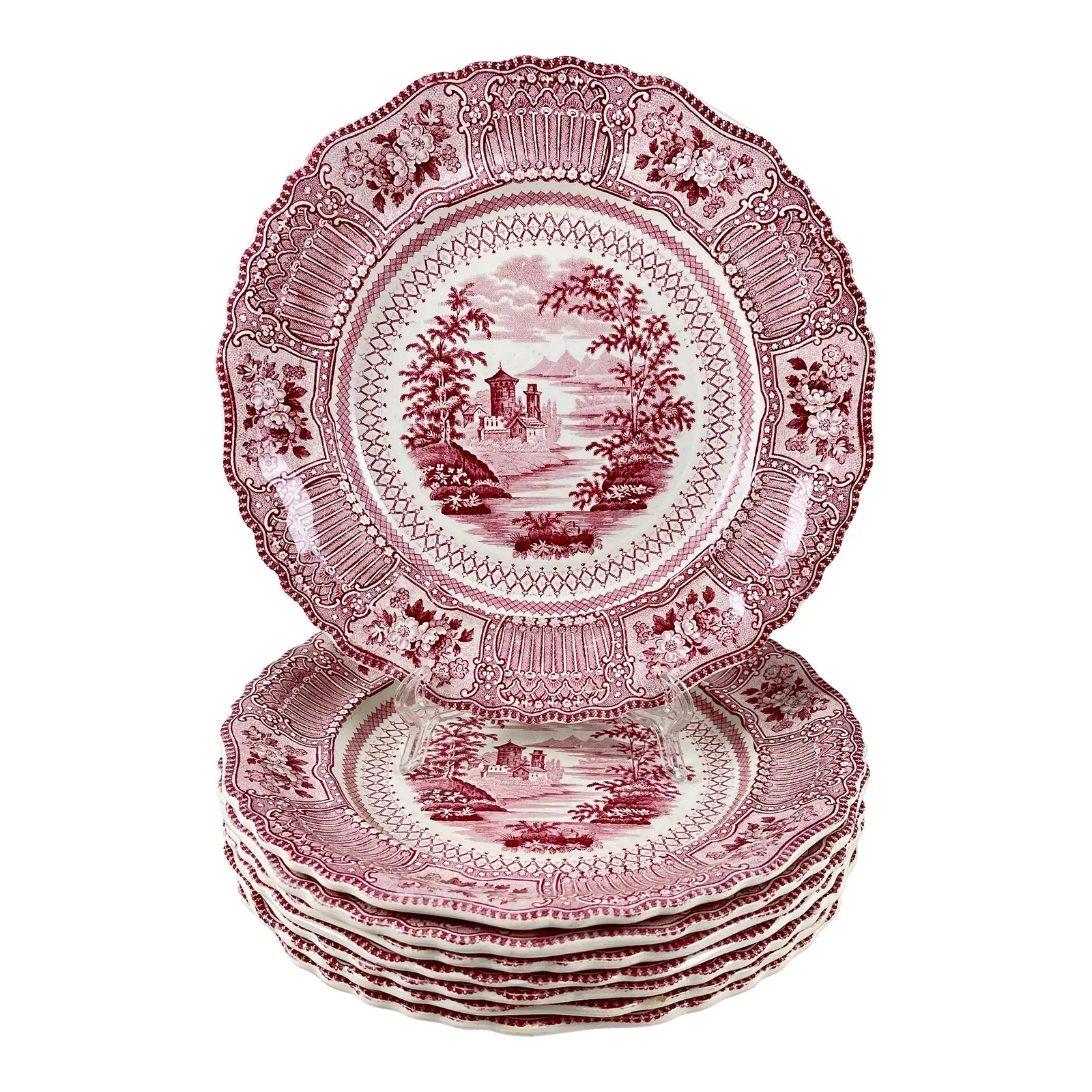 Ralph Stevenson Pink English Transferware Dinner Plates, Cologne Pattern, Set of 8 | Chairish