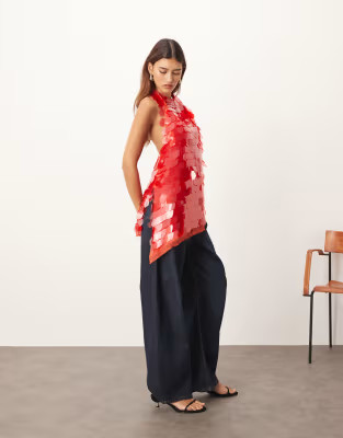 ARRANGE embellished shard sequins longline halter neck top in red | ASOS (Global)