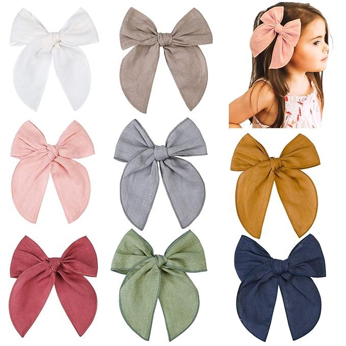 DEEKA 8 PCS Large Fable Hair Bow Cotton Linen Hair Bow for Toddlers Girls Handmade Neutral Bow Ha... | Amazon (US)