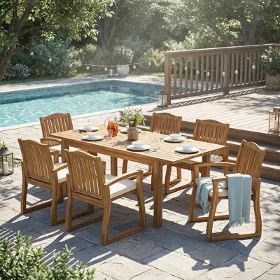7-Piece Acacia Wood Outdoor Dining Set with Cream Cushions, Modern 6 Chairs and 1 Large Table for Lawn, Backyard, Garden, Deck, and Poolside | Wayfair North America
