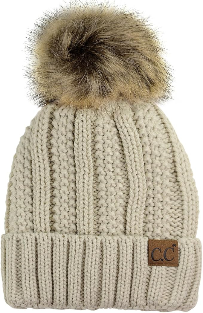 C.C Thick Cable Knit Faux Fuzzy Fur Pom Fleece Lined Skull Cap Cuff Beanie | Amazon (US)