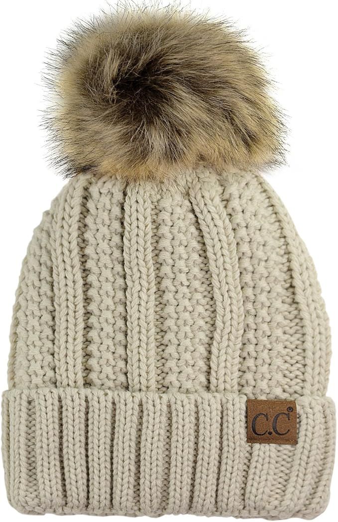 C.C Thick Cable Knit Faux Fuzzy Fur Pom Fleece Lined Skull Cap Cuff Beanie, Beige at Amazon Women... | Amazon (US)