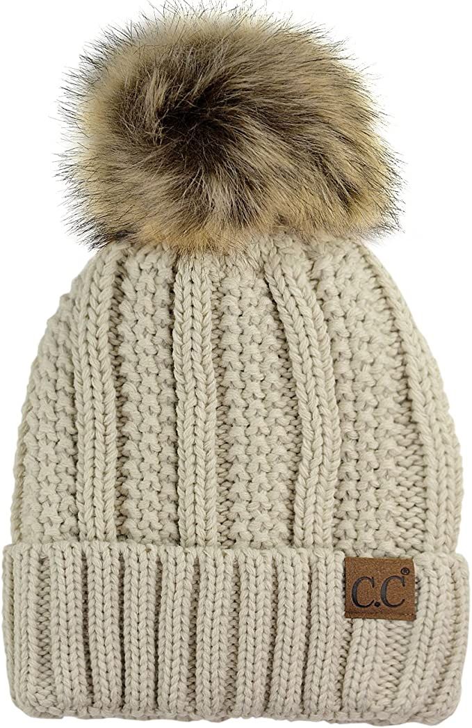 C.C Thick Cable Knit Faux Fuzzy Fur Pom Fleece Lined Skull Cap Cuff Beanie, Beige at Amazon Women... | Amazon (US)