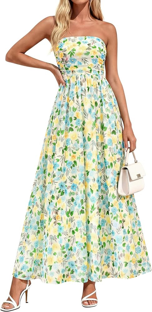 PRETTYGARDEN Women Strapless Maxi Dress 2026 Summer Floral Tube Top Ruched Beach Spring Wedding G... | Amazon (US)