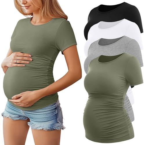 Huukeay 4 Pack Women's Maternity Shirts, Crew Neck Maternity Top Short Sleeve Casual Cotton Tee Side Ruched Pregnancy Clothes(Black, Army Green, Light Heather Gray, White,Medium) | Amazon (US)