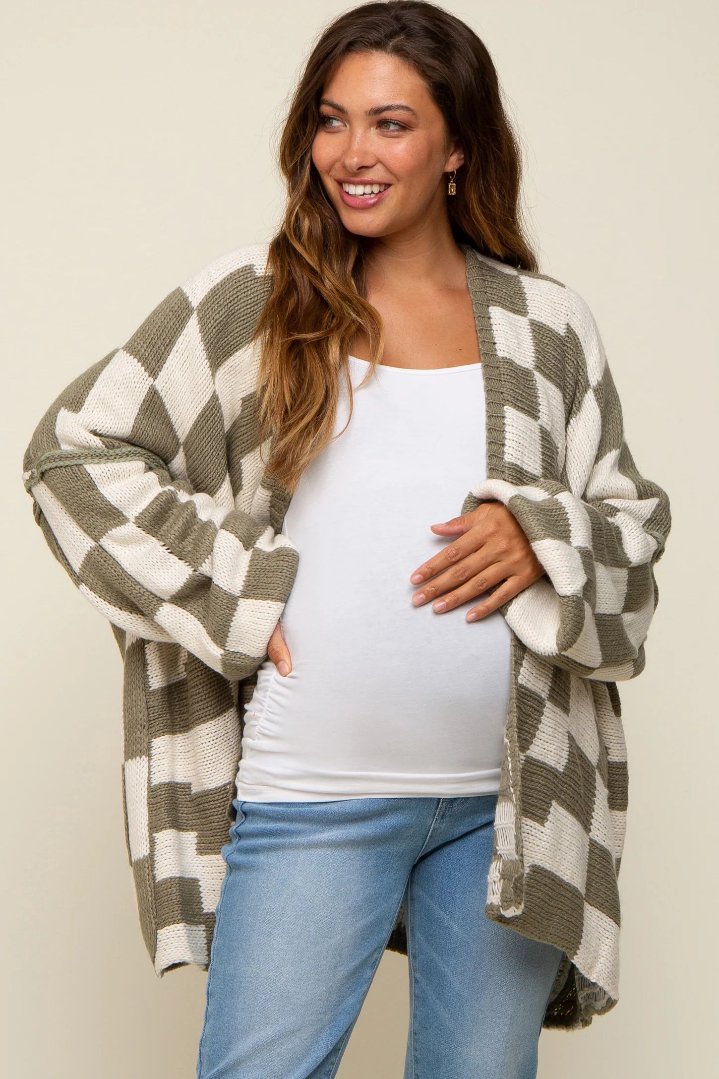 Olive Checkered Print Oversized Maternity Cardigan | PinkBlush Maternity