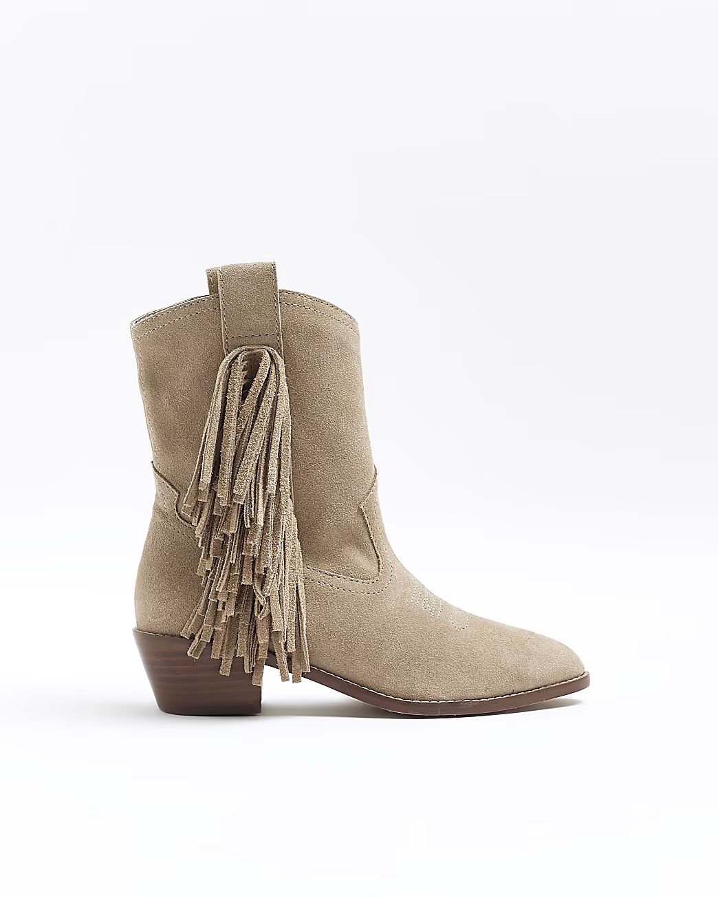 Stone suede fringe detail western boots | River Island (UK & IE)