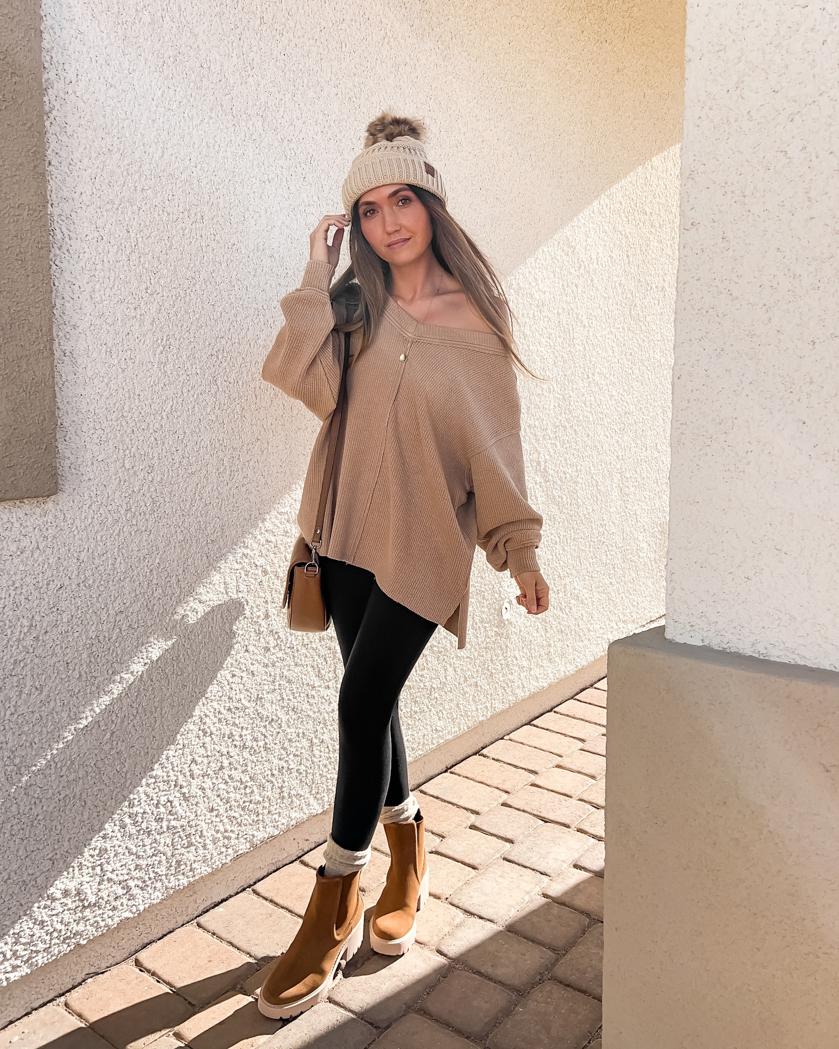 Casual winter outfit inspo: v-neck sweatshirt (on sale), seamless leggings (on sale), boots (these are 100% waterproof), & pom pom knit beanie

// #ltkunder50 #ltkunder100 #ltksalealert Aerie, leggings, sweater, Dolce Vita, hawk H2O booties, winter boots, neutral style, Amazon fashion, winter outfits, winter fashion, casual outfit

#LTKFind #LTKSeasonal #LTKshoecrush