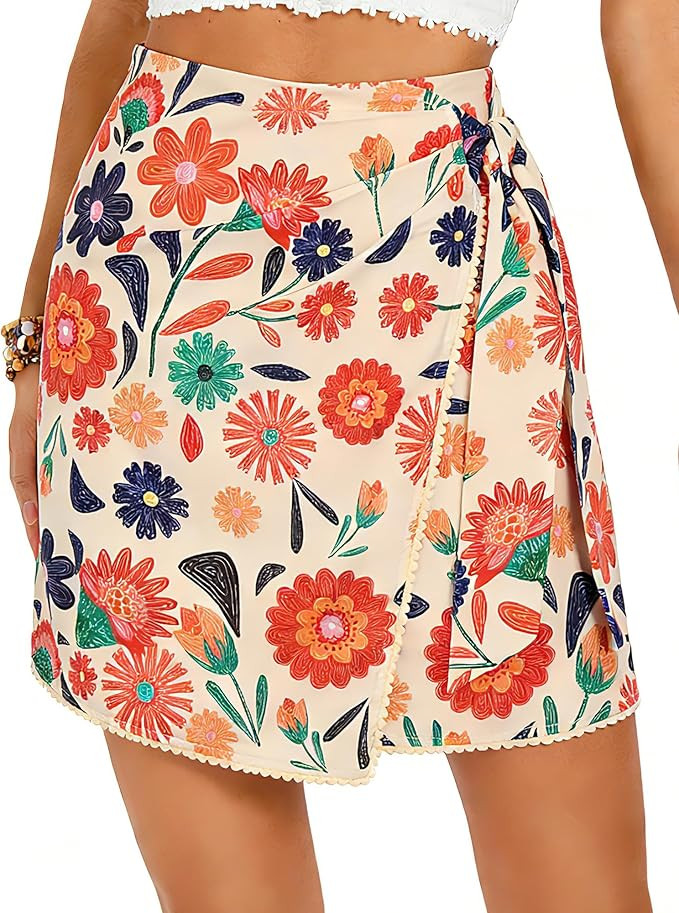 Kate Kasin Women's Boho Mini Skirts Floral Wrap Tie Skirt Elastic High Waisted Summer Casual Beac... | Amazon (US)