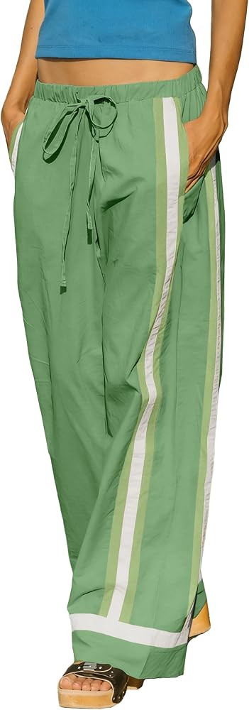 Women's Stripe Track Pants Wide Leg Trousers Contrast Colors Casual Y2K Palazzo Sweatpants with P... | Amazon (US)