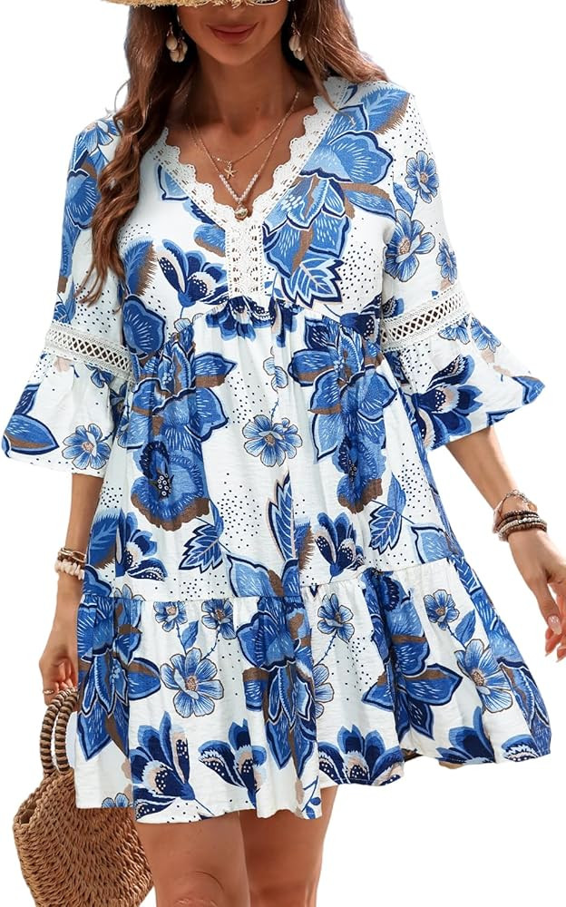 CUPSHE Women V Neck Lace Trim Mini Summer Dress Cover Up 3/4 Sleeve Ruffled Cuff Casual Sundress ... | Amazon (US)