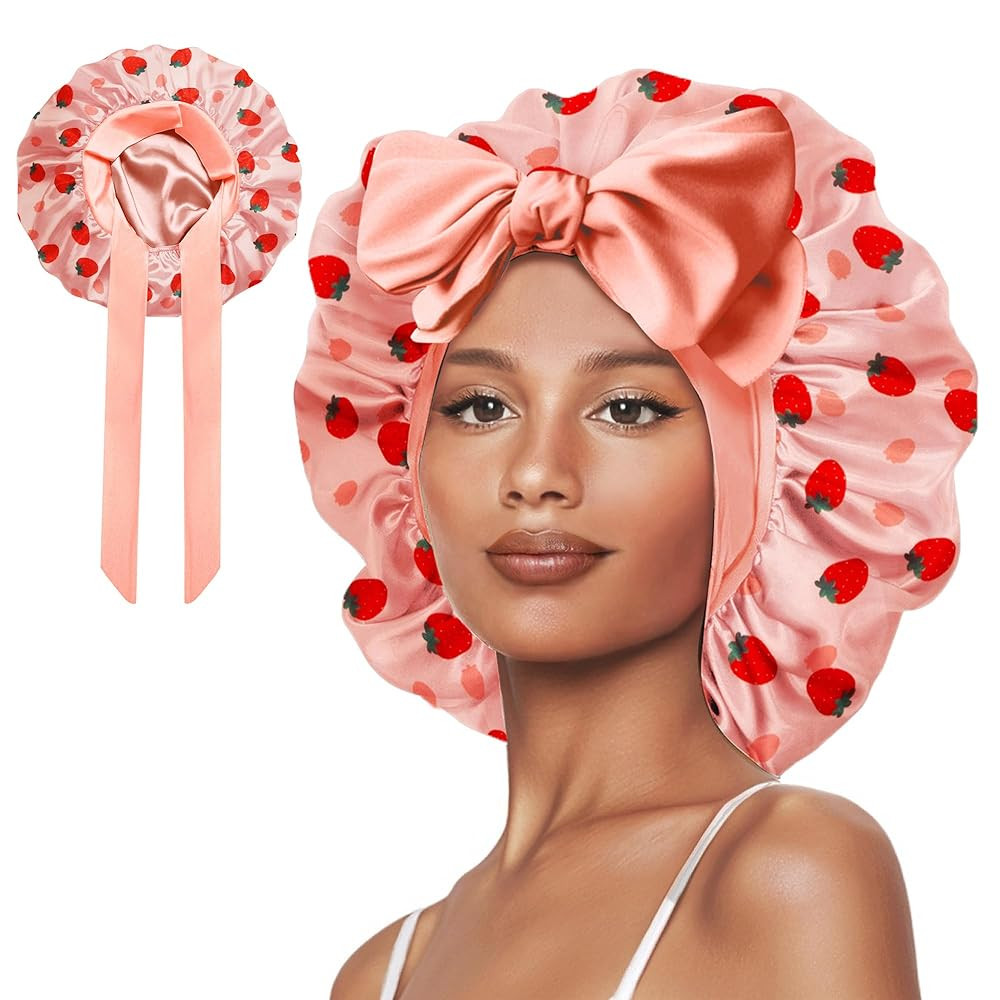 Double Layer Silk Bonnet with Tie Satin Lined Sleep Cap Hair Cover for Women's Curly Natural Hair | Amazon (US)