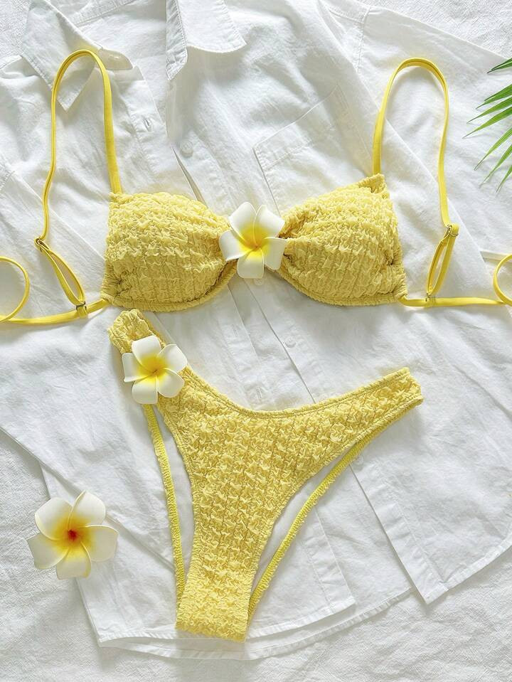 SHEIN Sweetro 2 Pieces Set, Textured Fabric Floral Accent Spaghetti Strap Bandeau Top And High Cu... | SHEIN