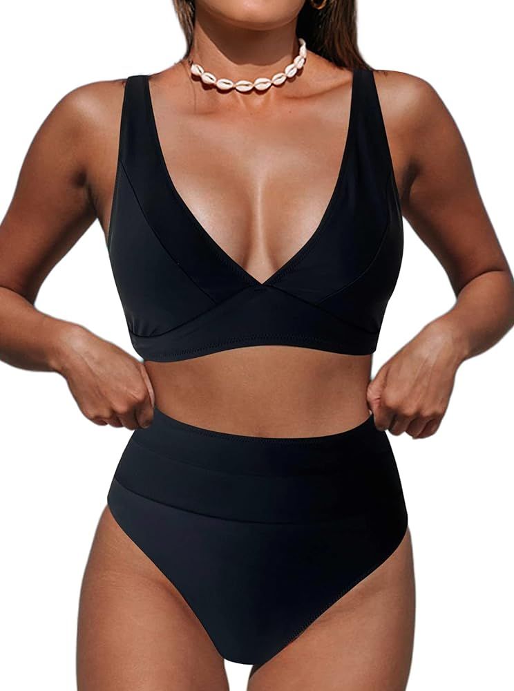 Hilinker Women's Leopard Bikini Swimsuits V Neck High Waisted 2 Piece Bathing Suits | Amazon (US)