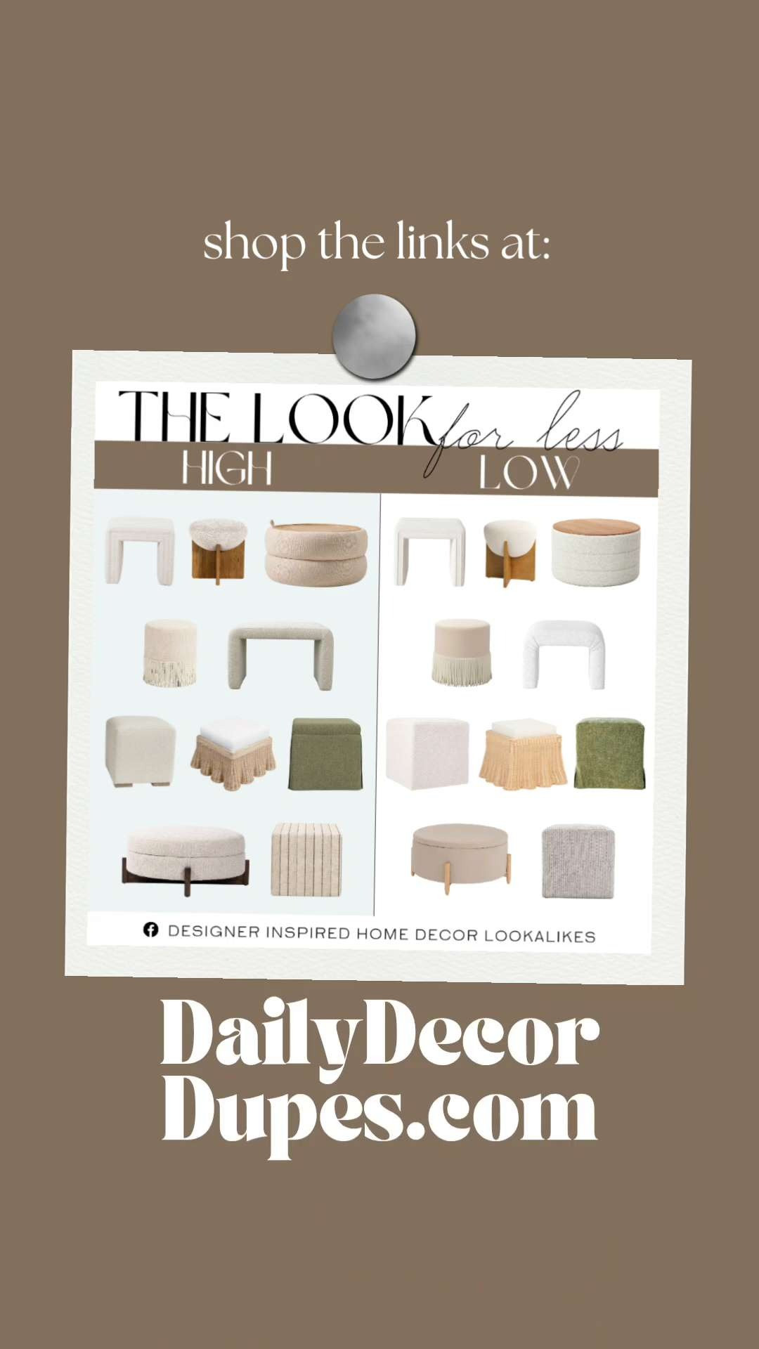 10 Designer & Look-a-Like Ottomans. High-End Ottoman Lookalikes. Designer-Inspired Ottomans. Affordable Designer Ottoman Alternatives. Stylish Ottoman Lookalikes. Designer Style Ottomans for Less. Chic Designer Look for Less Ottoman. 

Home more affordable option find copy cat similar look for less budget friendly affordable cheap cheaper beautiful pretty. Clearance sale coupon code discount code promo code luxury lookalike look a like Inspo inspiration inspired by idea ideas Love like these? I share multiple every day in my FB group. 

 #highlowhome #modernliving #ottoman #designerlookforless #luxeforless #homedecor #livingroom #chiconabudget #lookforless #LTKHome #LTKSaleAlert