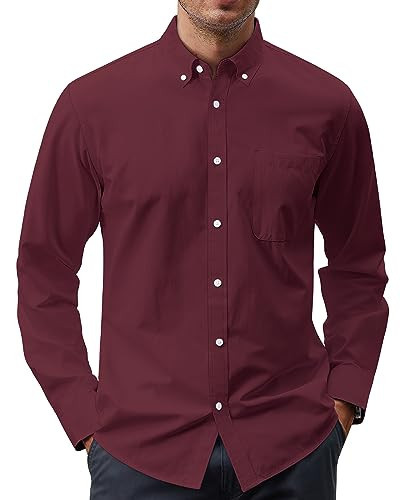 J.VER Men's Cotton Button Down Oxford Shirts Regular Fit Long Sleeve Casual Business Shirt with Pocket Burgundy XX-Large | Amazon (US)