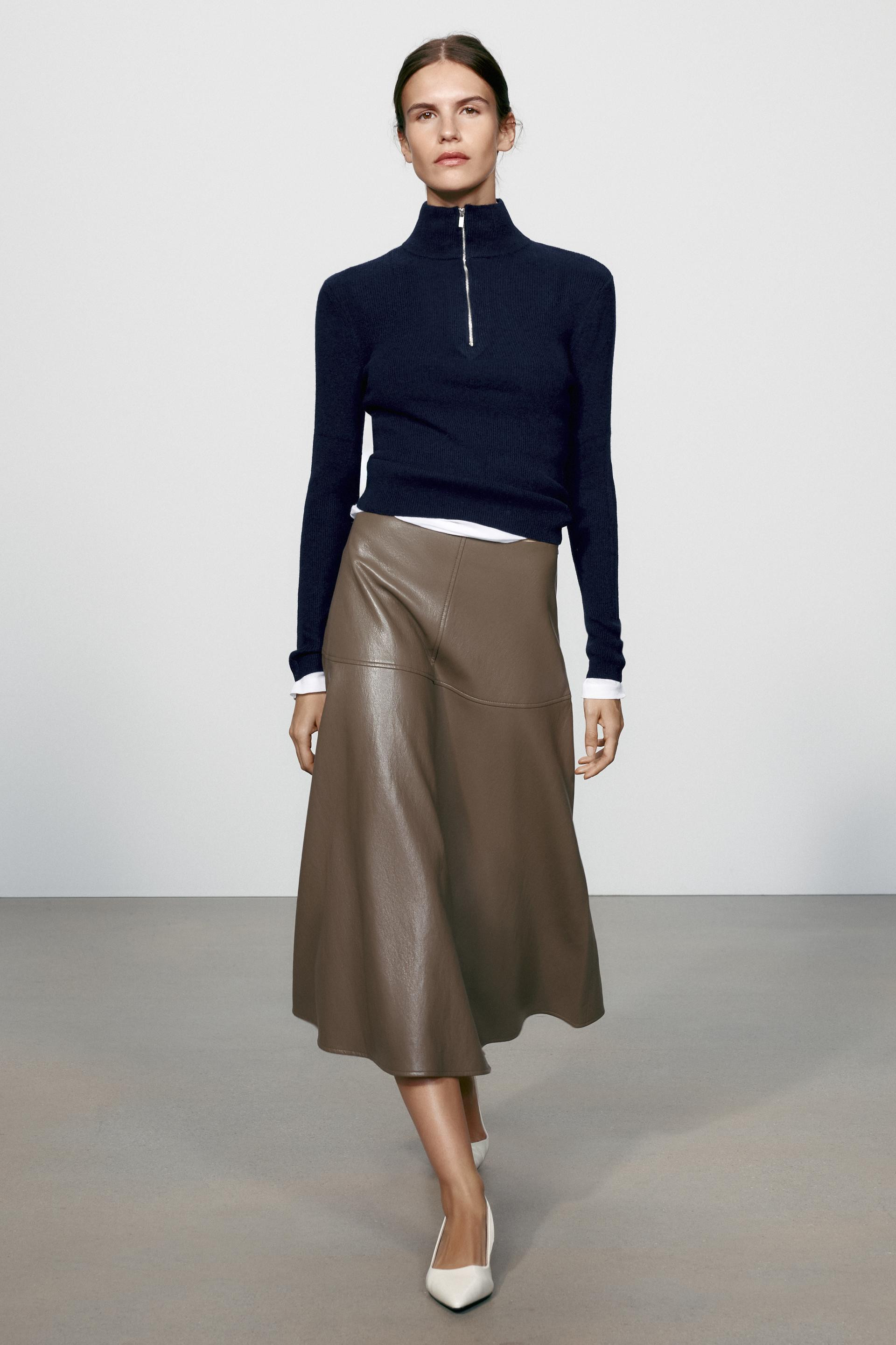 Zara - Faux Leather-Effect Midi A-Line Skirt - Burgundy - M - Woman | Zara US