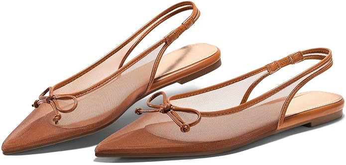 Coutgo Womens Slingback Flats Bow Closed Pointed Toe Mesh Ballet Flats Low Heel Sandals Dress Sho... | Amazon (US)