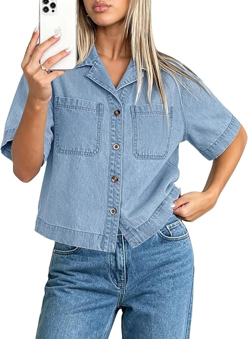 Womens Crop Denim Top Short Sleeve Denim Shirt Button Down Jean Top Jean | Amazon (US)