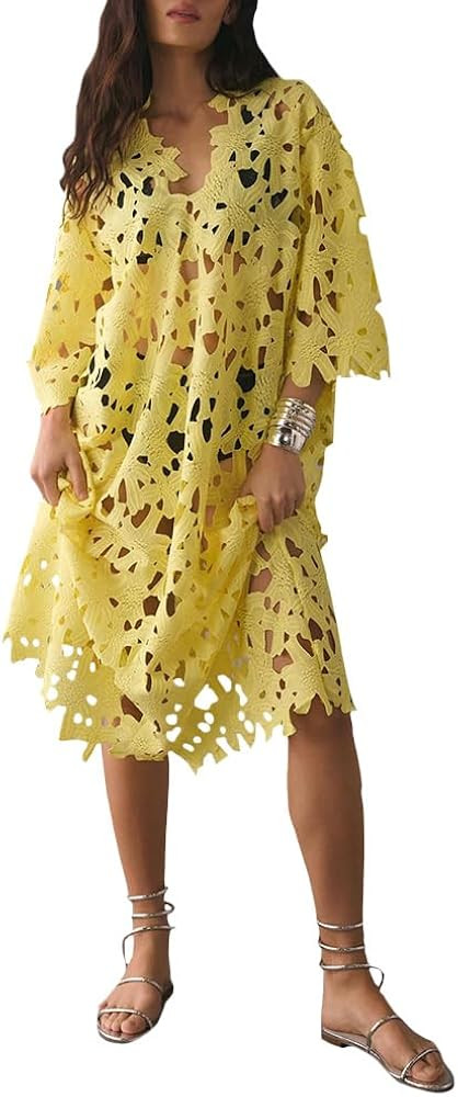 Womens Lace Mini Hollow Out Swim Cover Up Loose Fit 3/4 Sleeve Trendy Boho V Neck Sun Dress Asymm... | Amazon (US)