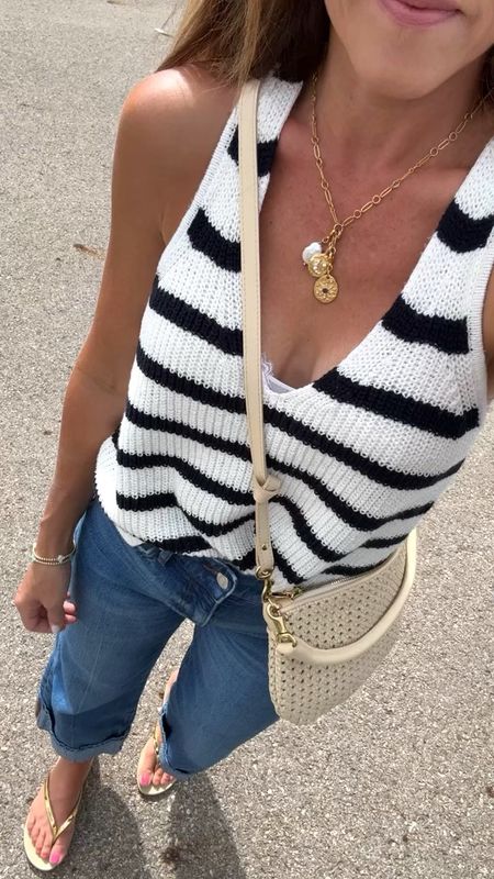 Stripe v neck sweater tank for Summer. 
Runs a tad big. XS here. 
Lace bralette underneath. 
Linking similar charm necklaces  

#LTKStyleTip #LTKOver40