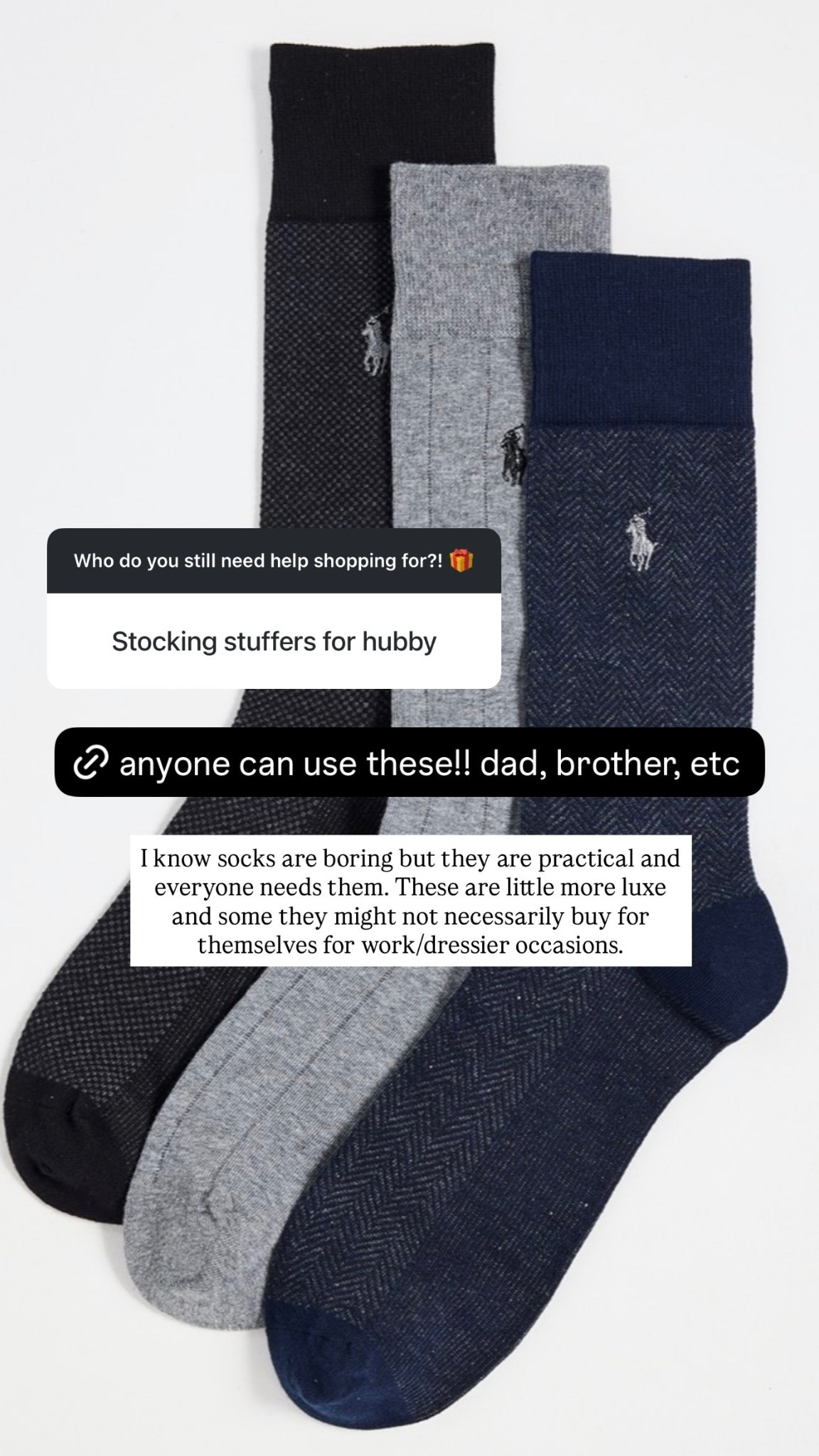 I know socks are boring but they are practical and everyone needs them. These are little more luxe and some they might not necessarily buy for themselves for work/dressier occasions.
