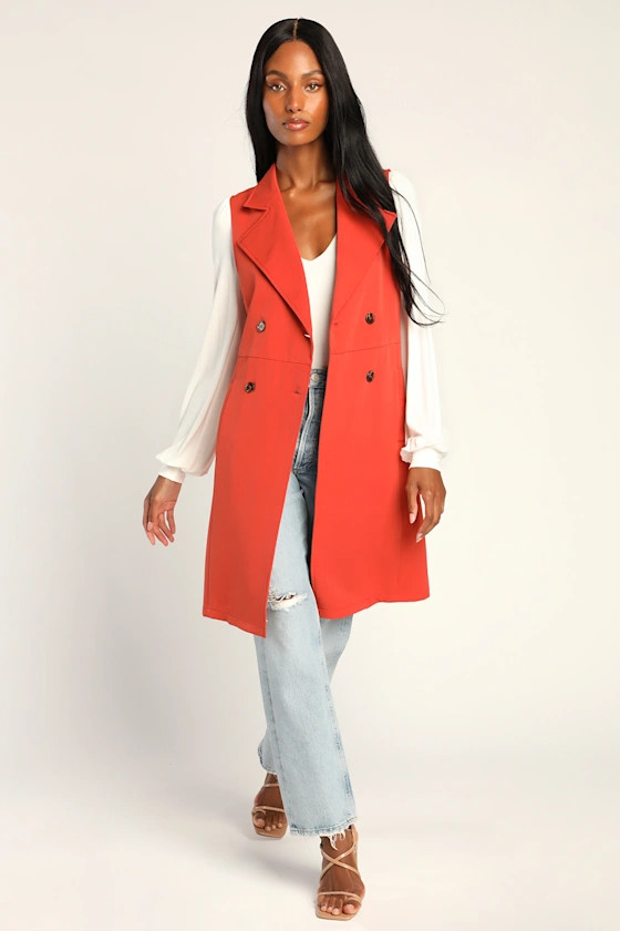 West Side Stroll Rust Orange Sleeveless Collared Trench Coat | Lulus (US)