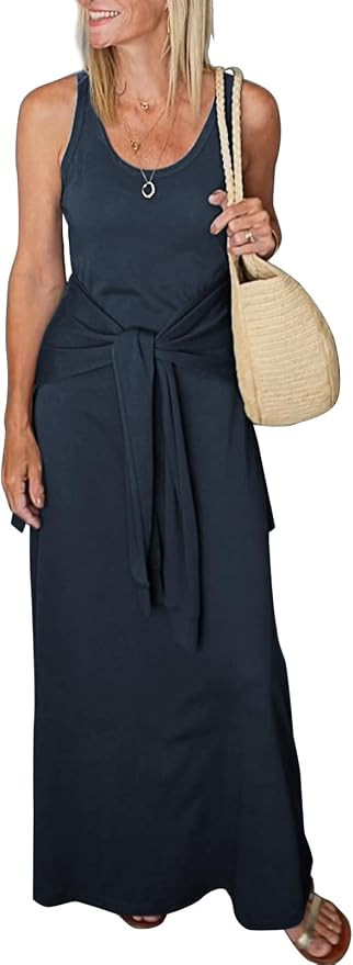 Women's Summer Maxi Tshirt Dress Tie Waist Casual Slim Fit Sleeveless Tank Long Beach Dresses | Amazon (US)